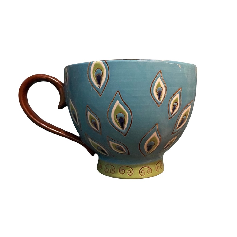 Pier 1 Imports Hand Painted Turquoise Dolomite Peacock Pedestal Coffee/Tea Mug